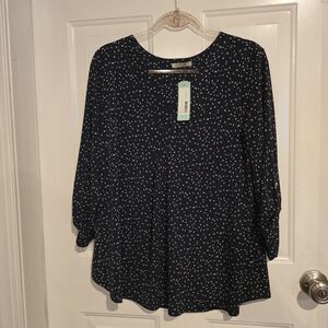 Beacon Dark Green Speckled Blouse Roll Tab Sleeve V Neck Top NWT Large